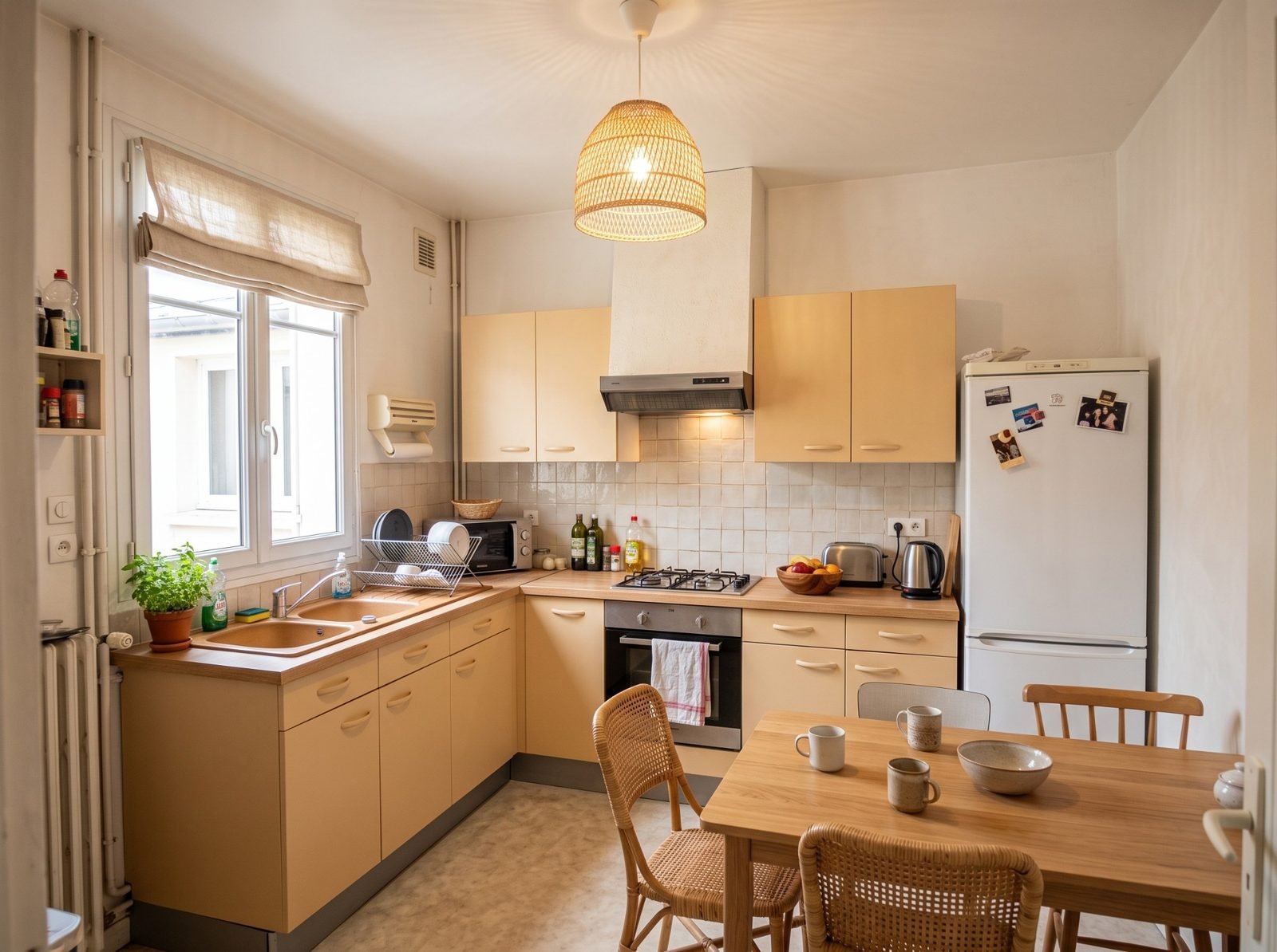 Proposition 1 : la même cuisine en ocre pâle, blanc et bois naturel, baignée d’une lumière douce