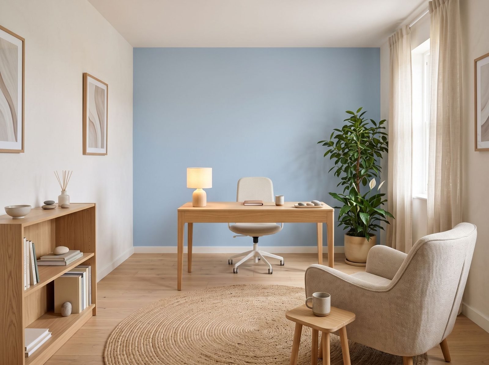 Un espace professionnel accueillant : mur bleu poudré, bureau en bois clair, fauteuil, grande plante et lumière naturelle