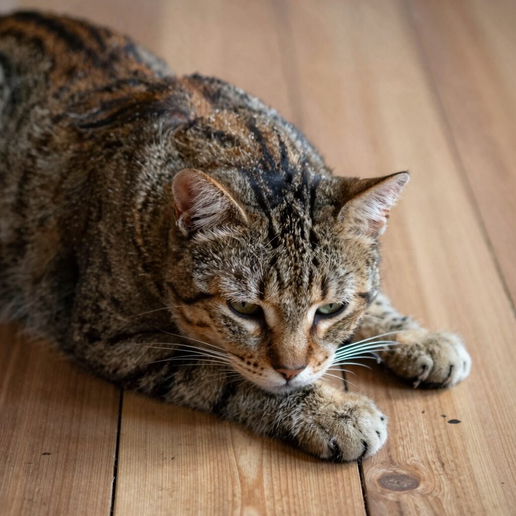 Un chat allongé, détendu, sur un parquet