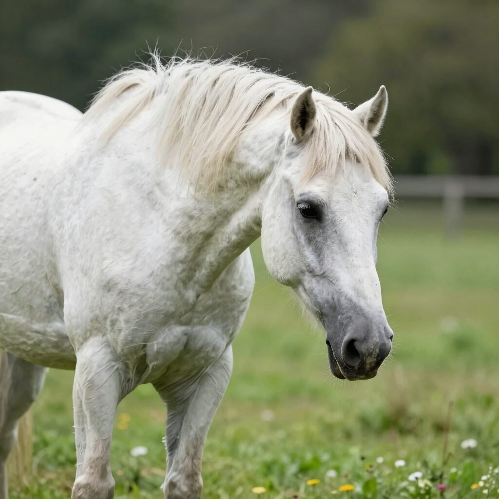 Un cheval blanc paisible dans un pré fleuri