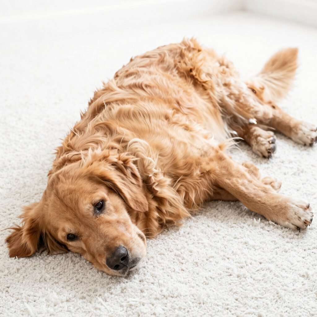 Un chien golden retriever paisiblement allongé sur un tapis clair